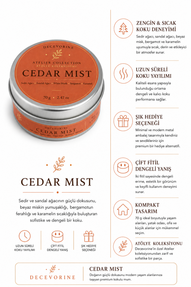 Decevorine Cedar Mist Premium Mum – Derin ve Sofistike Odunsu Koku